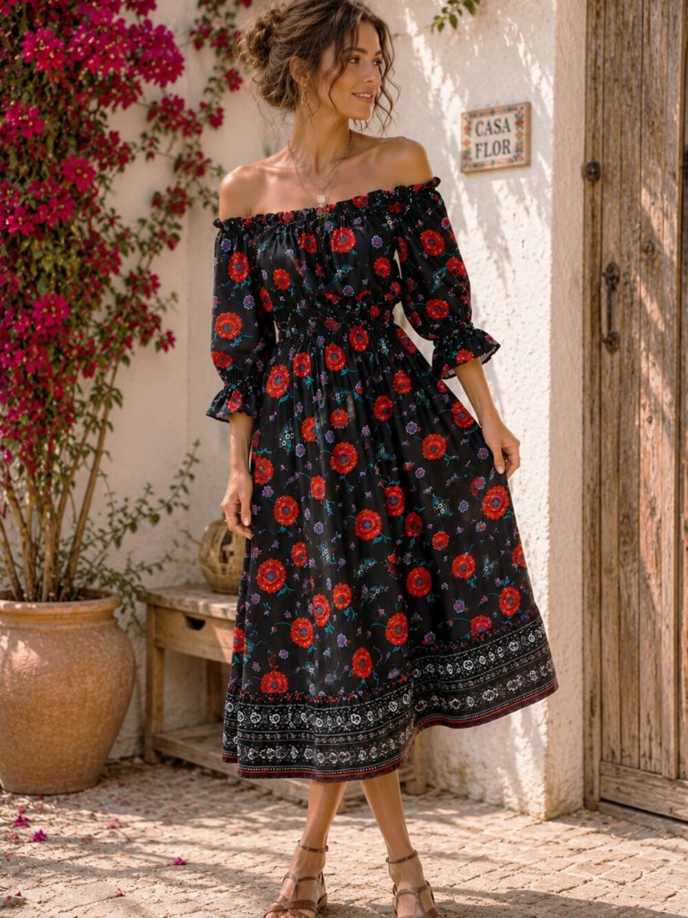 NWT Endless Rose Off Shoulder Floral Dress S Black Red Roses Ruffle Anthro Style